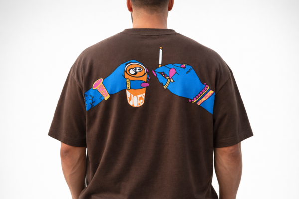 Man met oversized bruine POV festivalseizoen tee